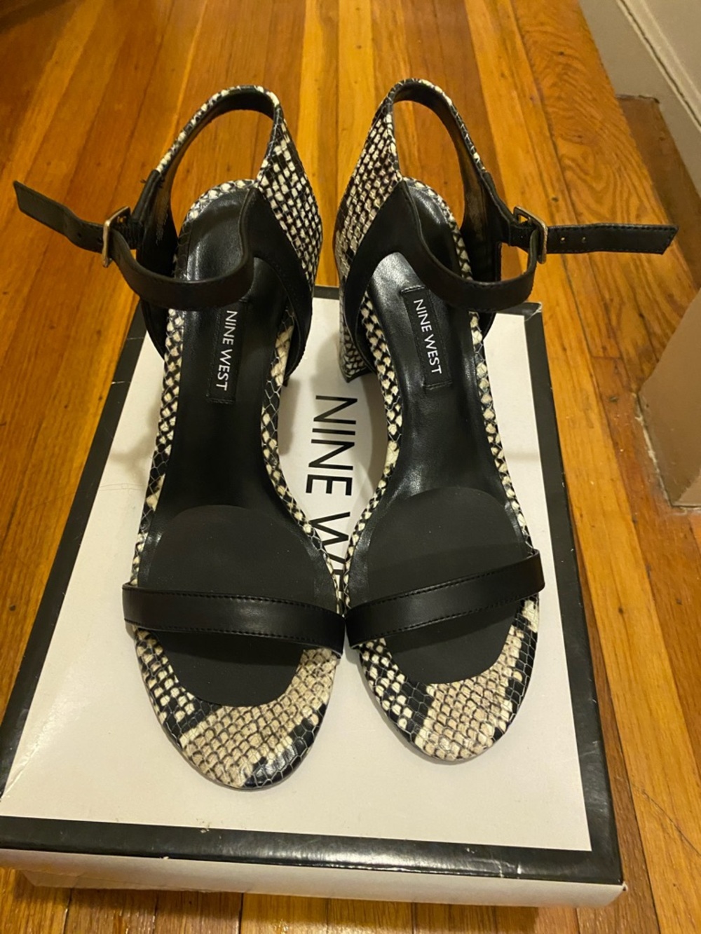 Nine West Black and Cream Snake-Print Slingback Heels